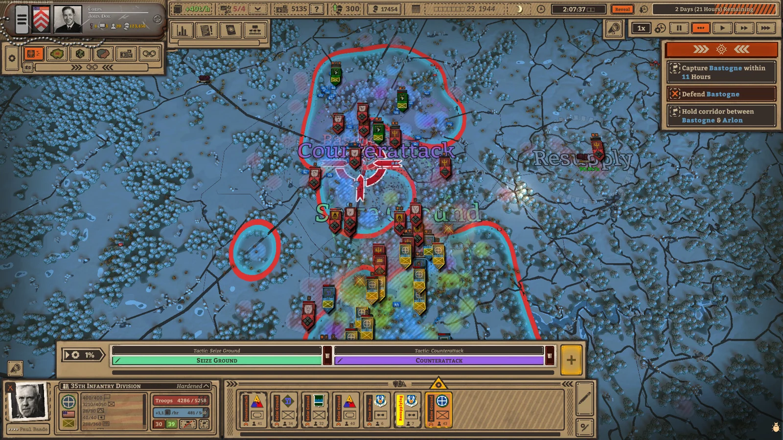 Frontline and orders drawn on a blue Battleplan map